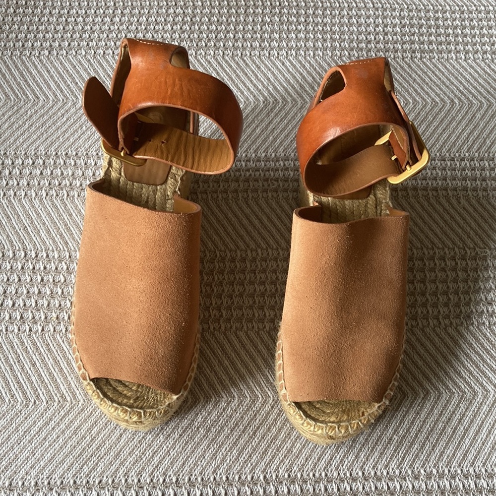 Chloe Espadrille Wedges Brown Leather Sz 5